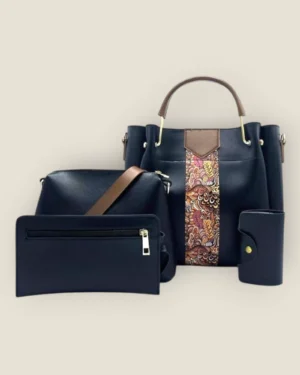 4-in-1 Black Bucket Bag Set with Colorful Printed Panel