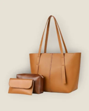 Warm Cognac Faux-Leather 3-Piece Tote Bag Set