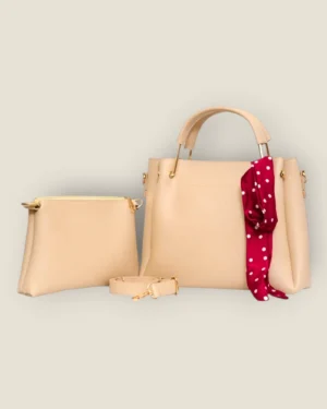 Elegant Beige 2-Piece Handbag Set with Polka Dot Scarf