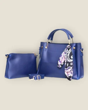 Chic Navy Blue Tote Set with Decorative Scarf Accent